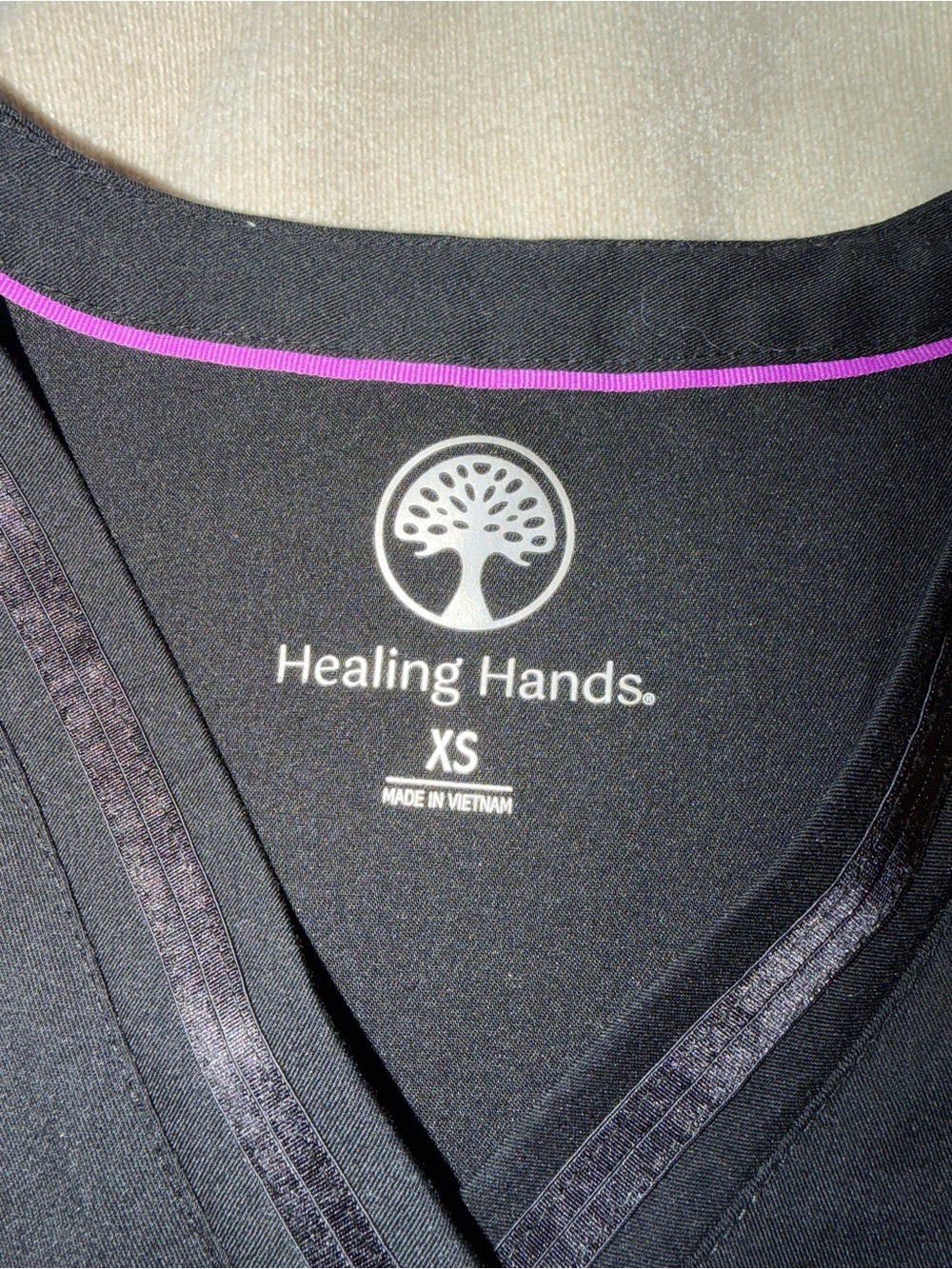 Healing Hands Black Scrub Top with Purple Piping